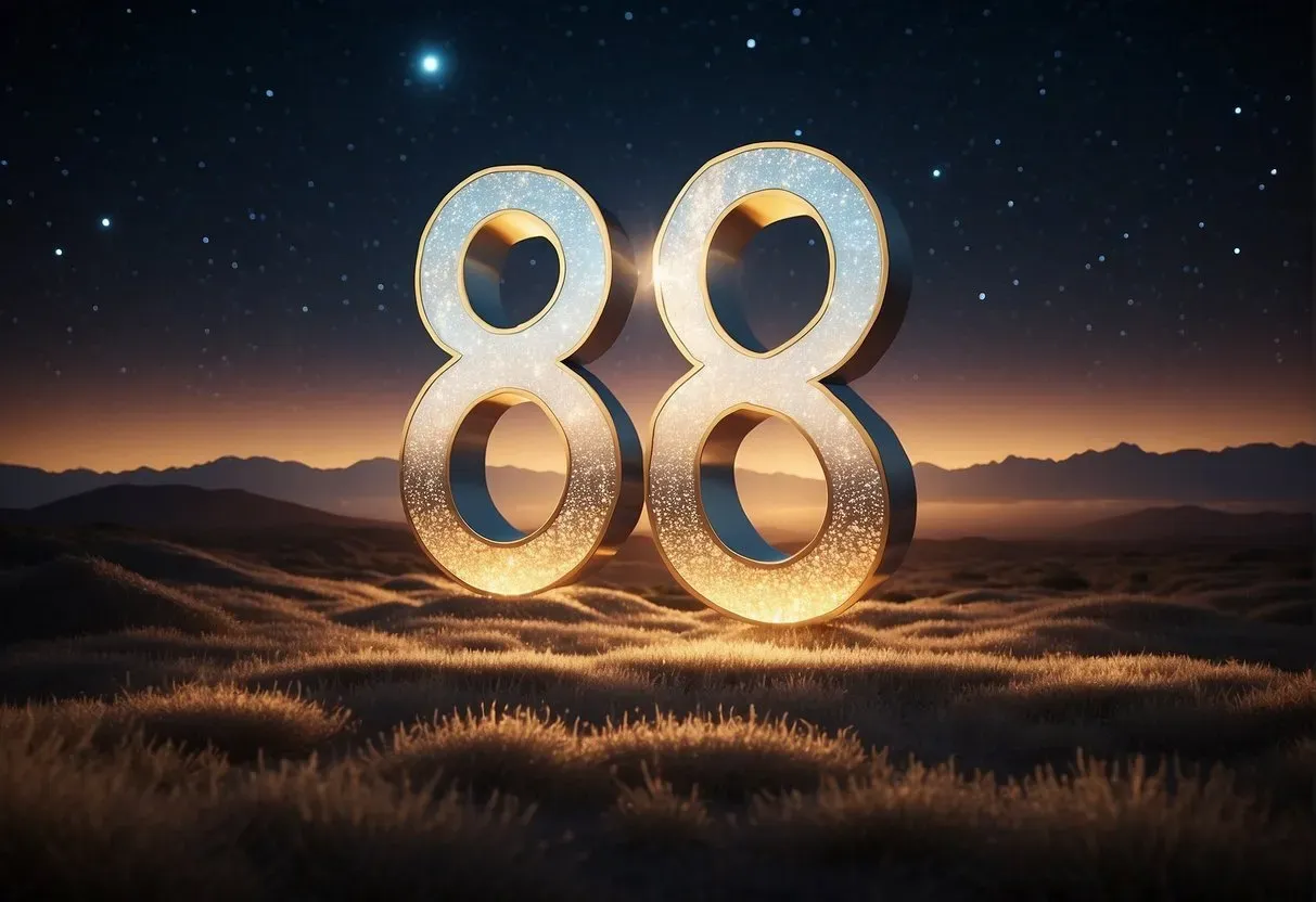 A bright, celestial sky with three glowing numbers "888" floating in the air surrounded by shimmering light