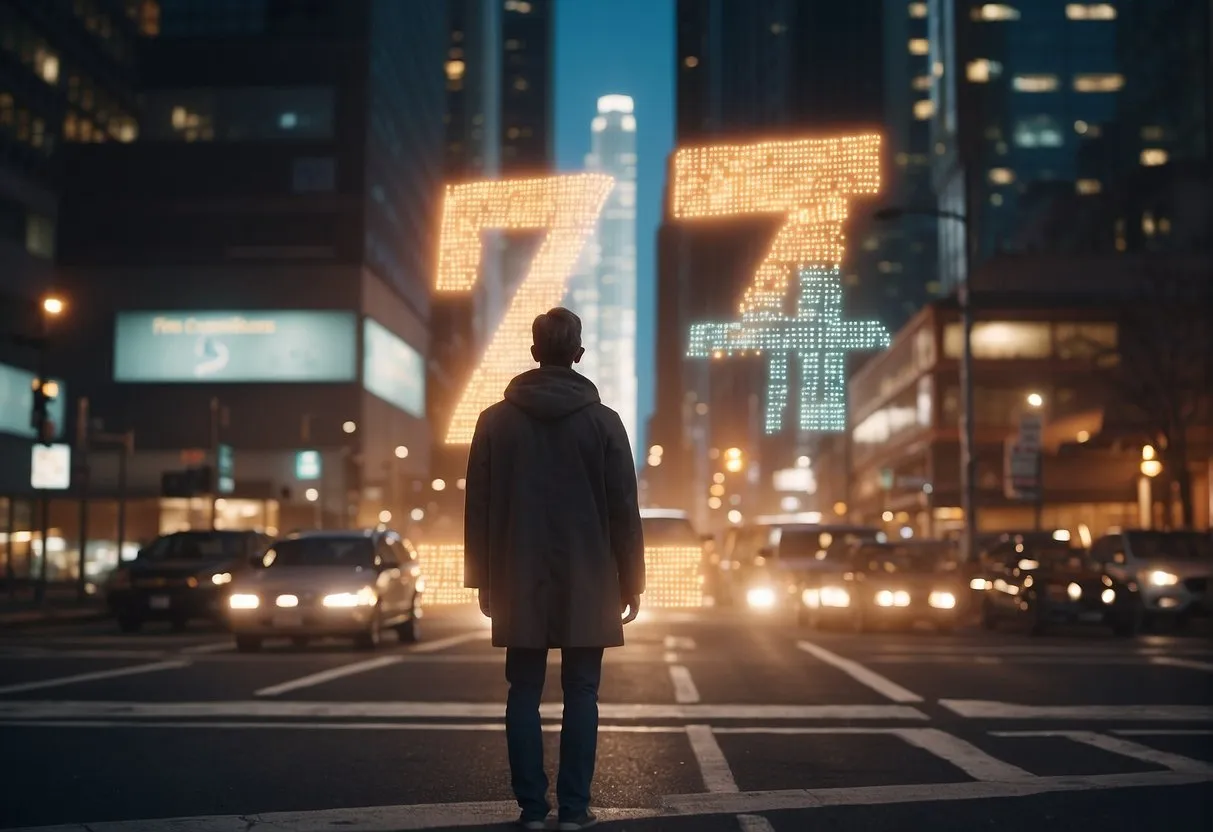 A person stands at a crossroads, with the numbers 711 glowing above. They appear deep in thought, contemplating their life decisions influenced by the presence of the angel numbers