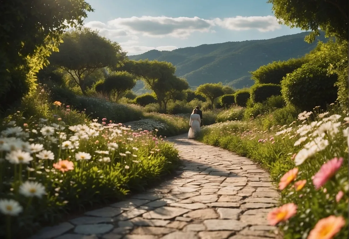 A figure stands at the center of a winding path, surrounded by lush greenery and blooming flowers. The sky is filled with bright, angelic 711 711 numbers, radiating a sense of spiritual guidance and enlightenment