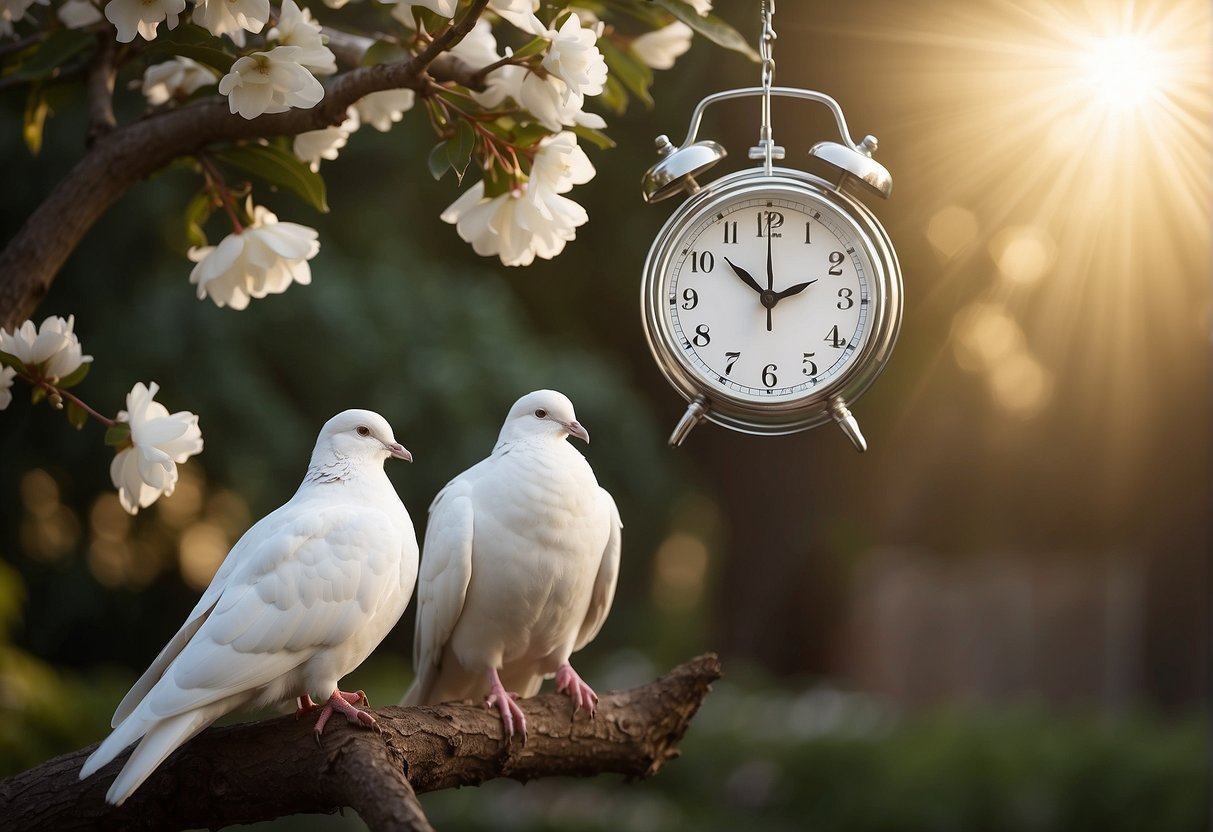 In a serene garden, four white doves perch on a tree branch, while a gentle breeze carries the scent of blooming flowers. The digital clock on the nearby wall reads 02:20, as the morning sun casts a warm glow over the