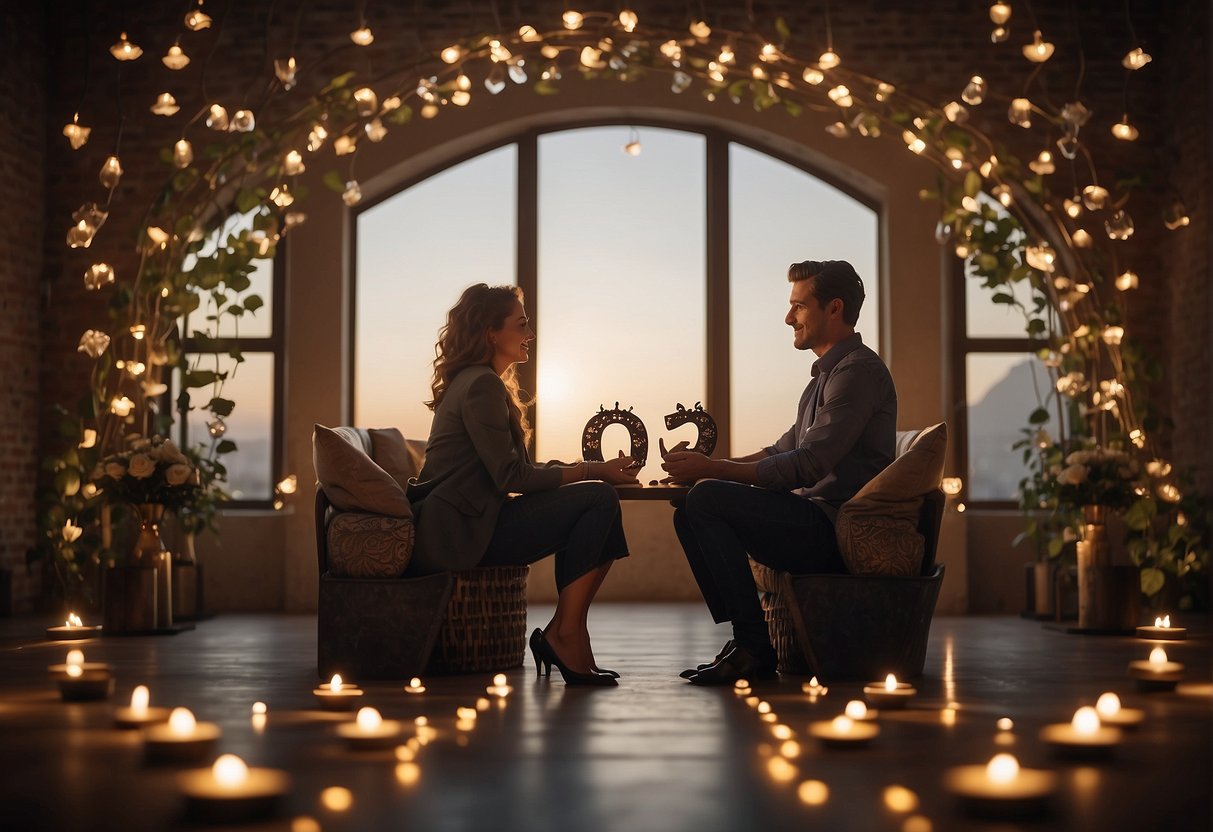 A couple sits opposite each other, surrounded by symbols of love and harmony. The number 0220 is prominently displayed, radiating positive energy