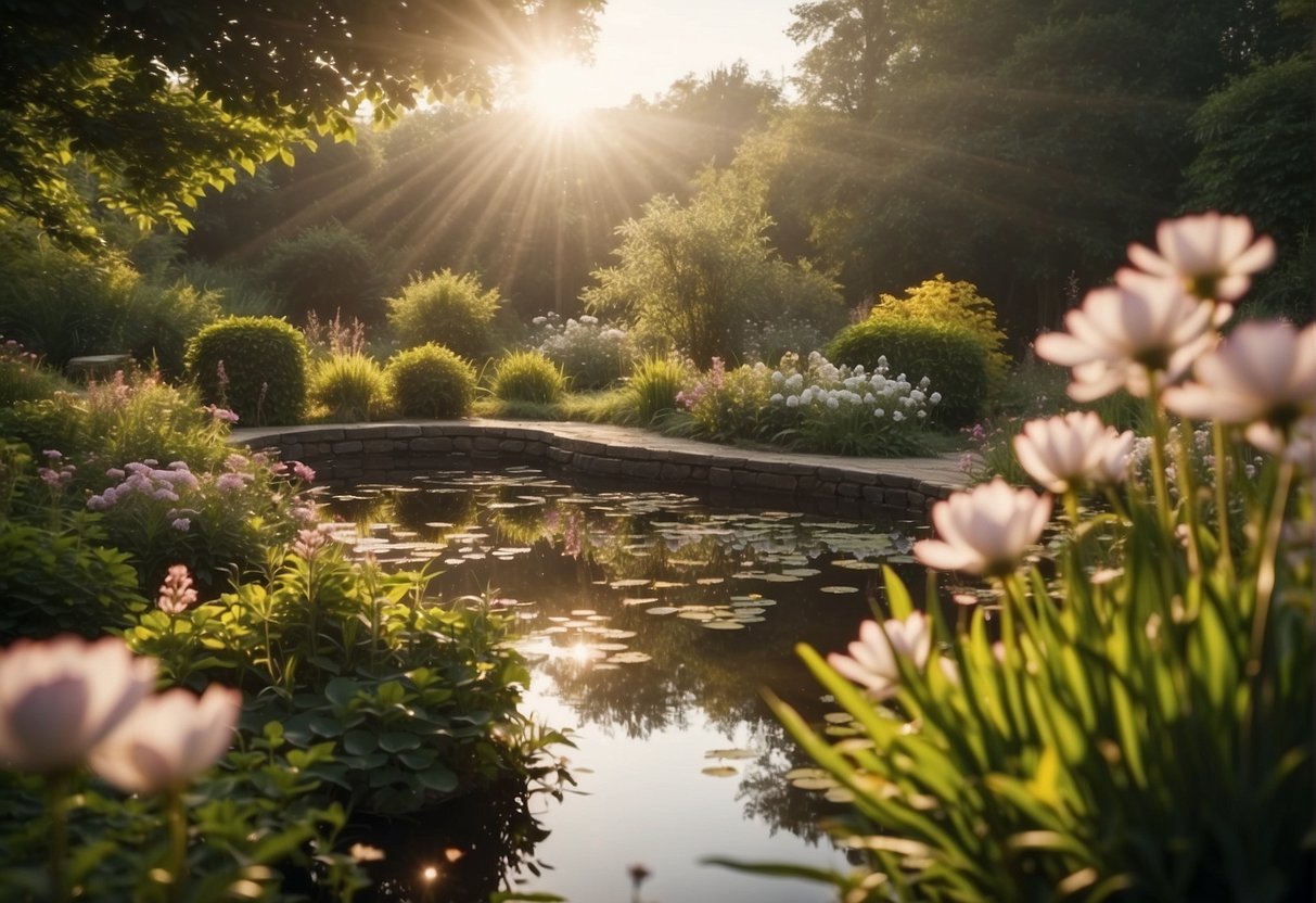 A serene garden with blooming flowers, a tranquil pond, and rays of sunlight breaking through the clouds, with the numbers 0808 subtly integrated into the natural surroundings