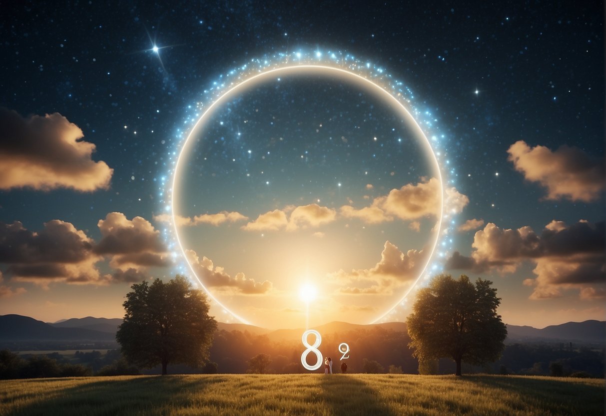 A bright, celestial scene with the numbers 0808 glowing in the sky, surrounded by angelic figures in a serene and peaceful setting