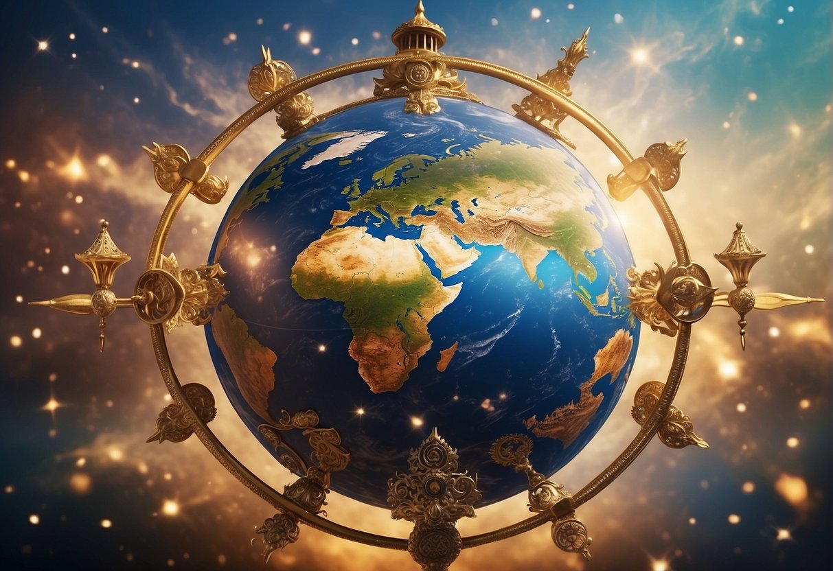 A celestial being hovers above a globe, surrounded by symbols of diverse cultures and religions, radiating a sense of unity and interconnectedness