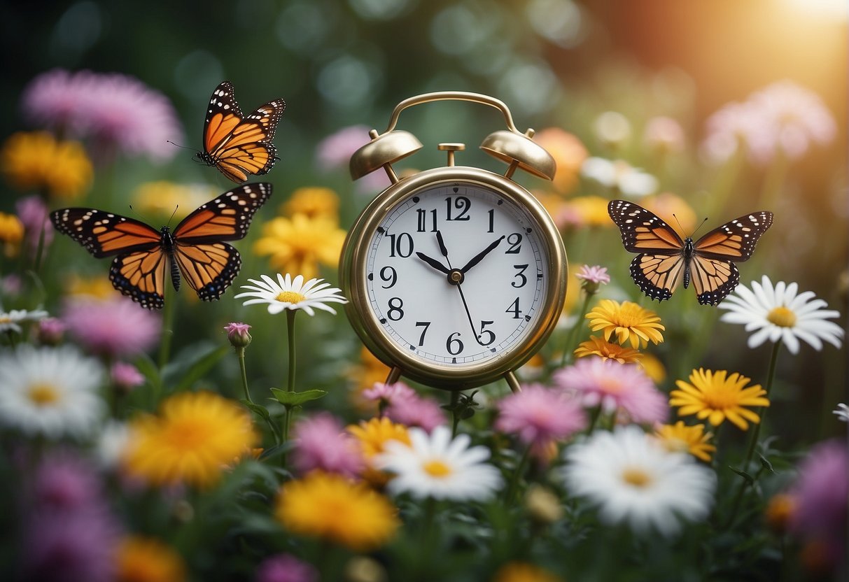 A garden with blooming flowers and butterflies fluttering around, while a clock shows the time as 15:15