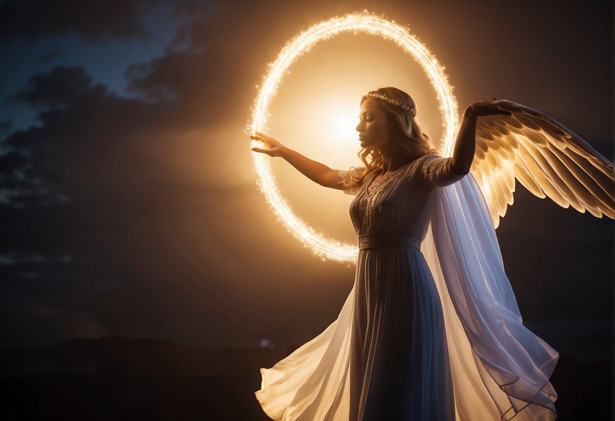 A glowing halo surrounds the number 15, radiating warmth and divine energy. Angelic figures hover nearby, their presence evoking a sense of protection and guidance