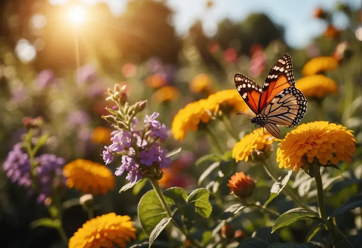A vibrant garden with eight blooming flowers, eight ripe fruits, and eight fluttering butterflies, all bathed in the warm glow of the setting sun