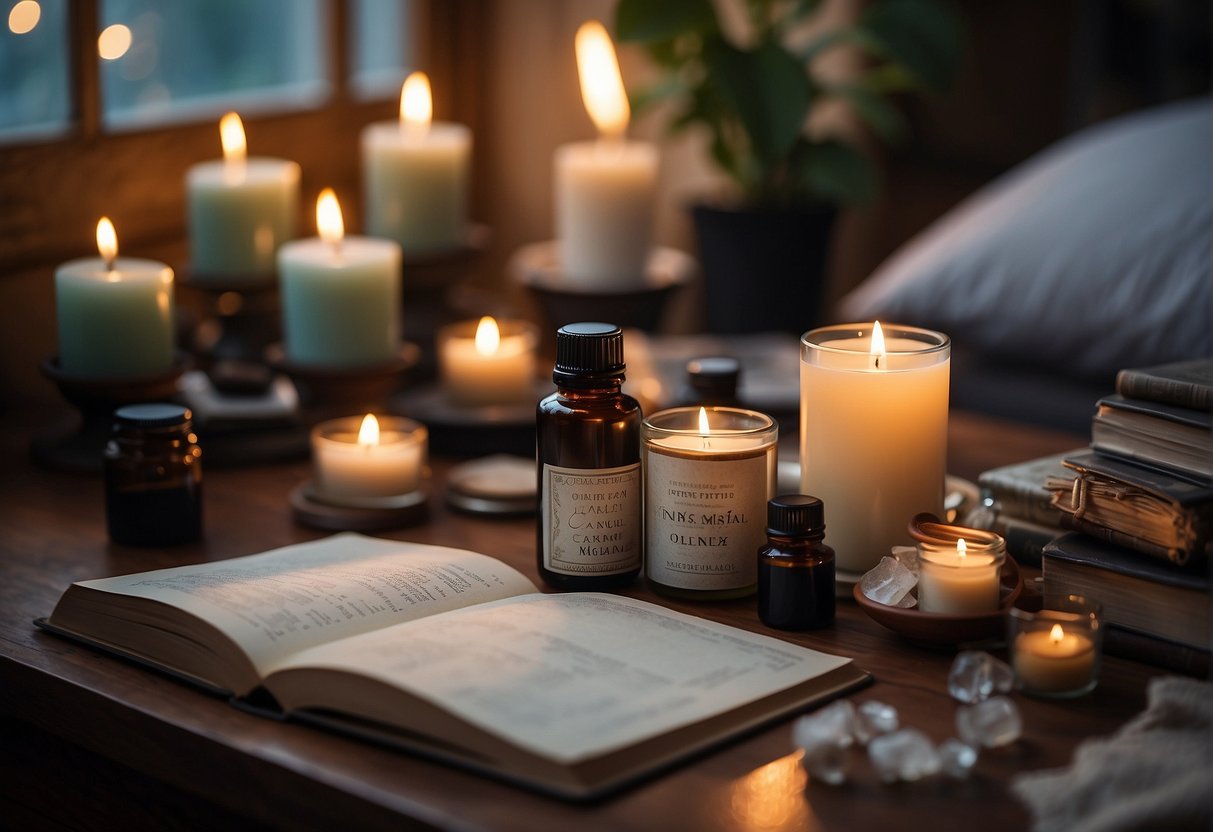 A serene, candlelit room with a table holding healing crystals, essential oils, and a journal for reflection on angel numbers tattoos