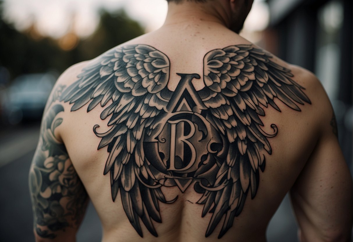 The angel numbers tattoo is positioned on the upper back, covering a significant portion of the area. The numbers are large and bold, taking up most of the space