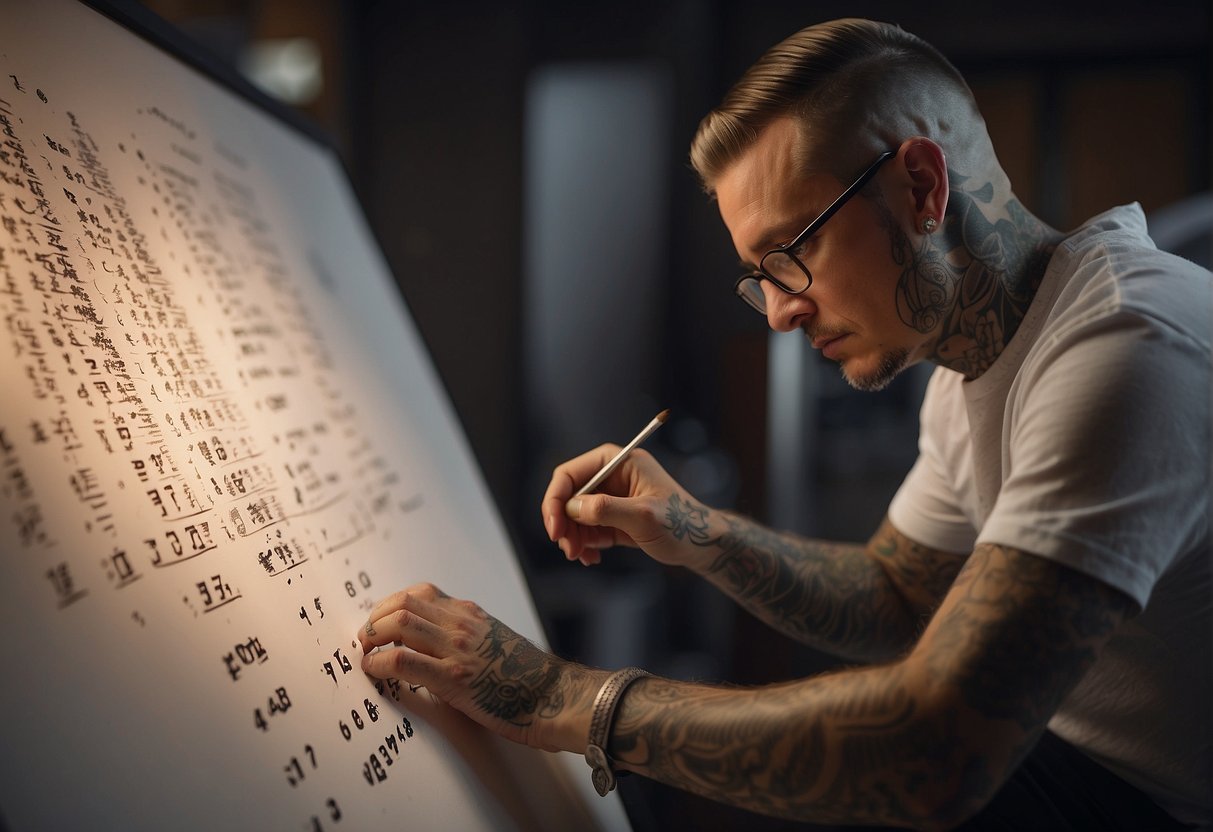 A tattoo artist carefully selects the placement of angel numbers on a blank canvas, considering legal and cultural implications
