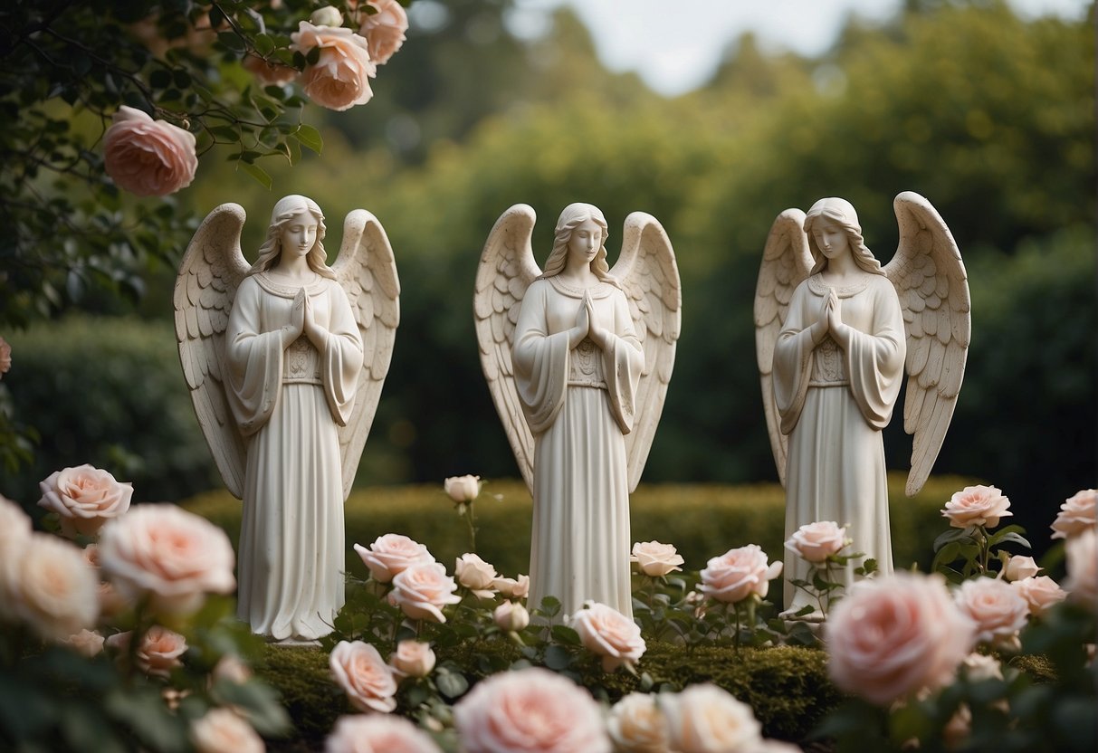 A serene garden with four identical angelic figures standing in a formation, surrounded by blooming roses and a gentle breeze
