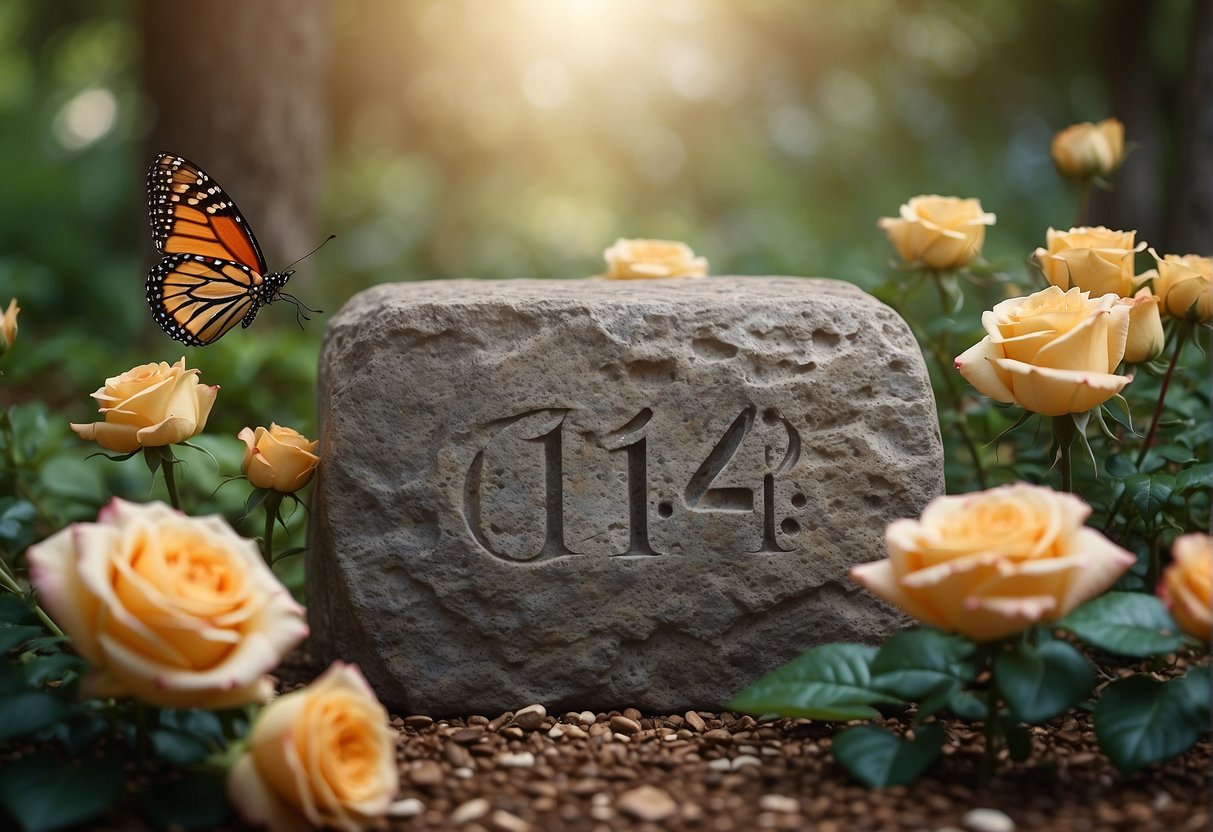 A serene garden with four blooming roses and fourteen butterflies hovering around, under the watchful gaze of the number 1414 carved into a stone