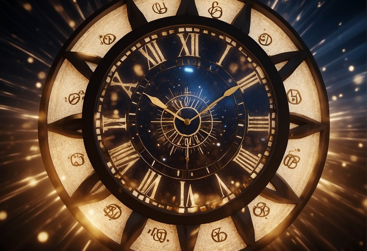 A bright, celestial figure hovers over a clock displaying 09:09, surrounded by glowing numbers and symbols representing spiritual guidance and balance