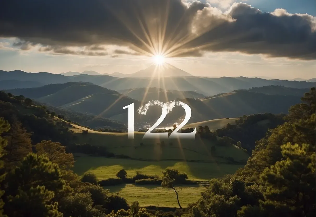 Bright light shining through clouds onto a serene landscape with a prominent number "1212" displayed in the sky