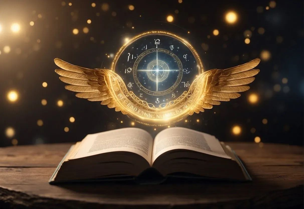 A glowing halo hovers above a book titled "Introduction to Angel Numbers," surrounded by celestial symbols and ethereal light
