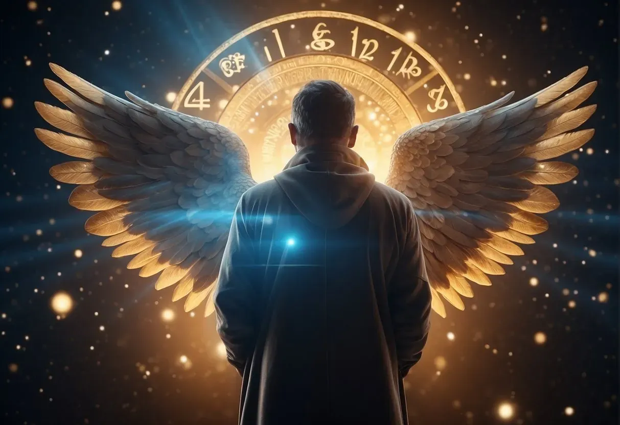 A figure stands before a glowing 1212 angel number, surrounded by celestial symbols and a sense of divine presence