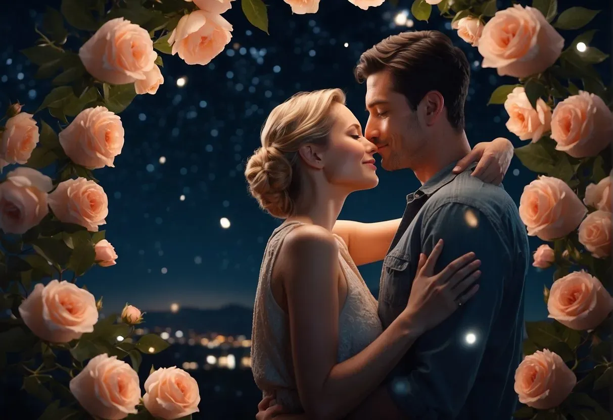A couple embraces under a starry sky, surrounded by five blooming roses and five intertwined rings, symbolizing the deep connection and love between them