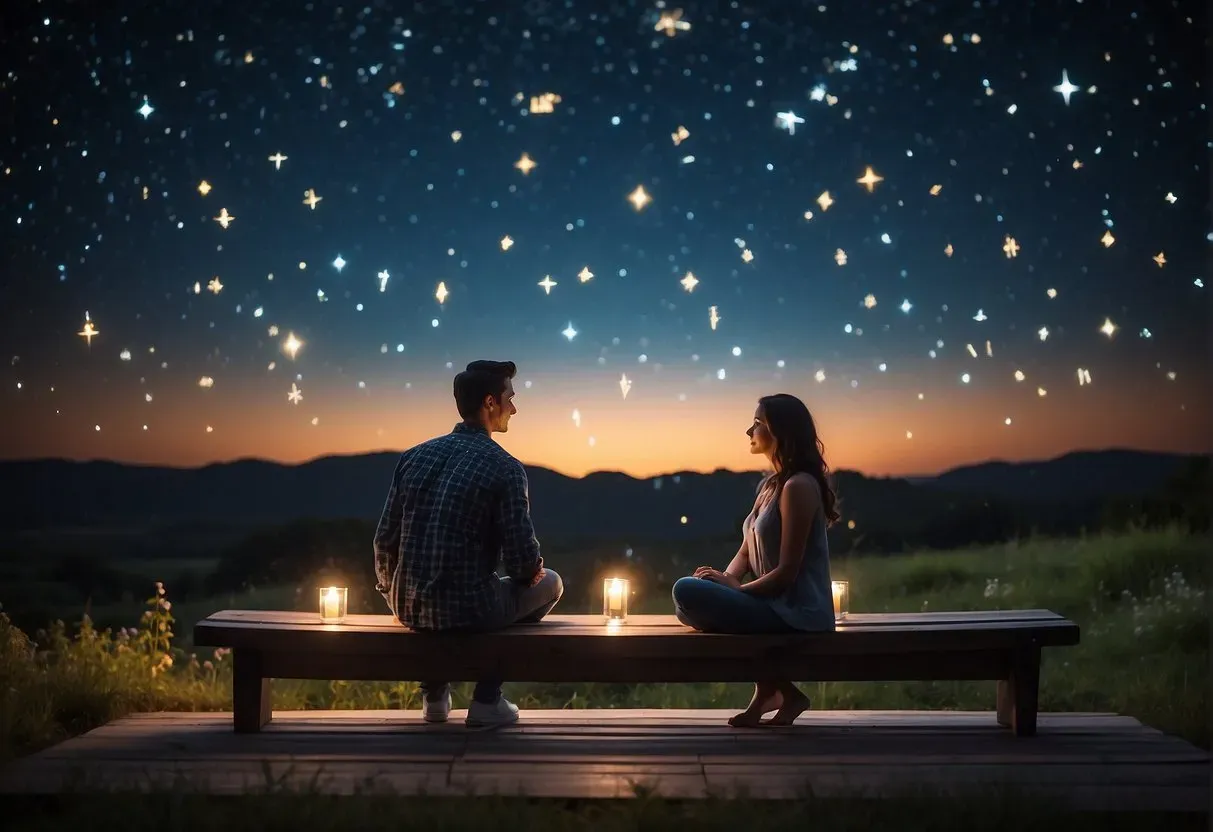 A couple sits under a starry sky, surrounded by glowing angelic numbers floating in the air, creating a sense of love and connection
