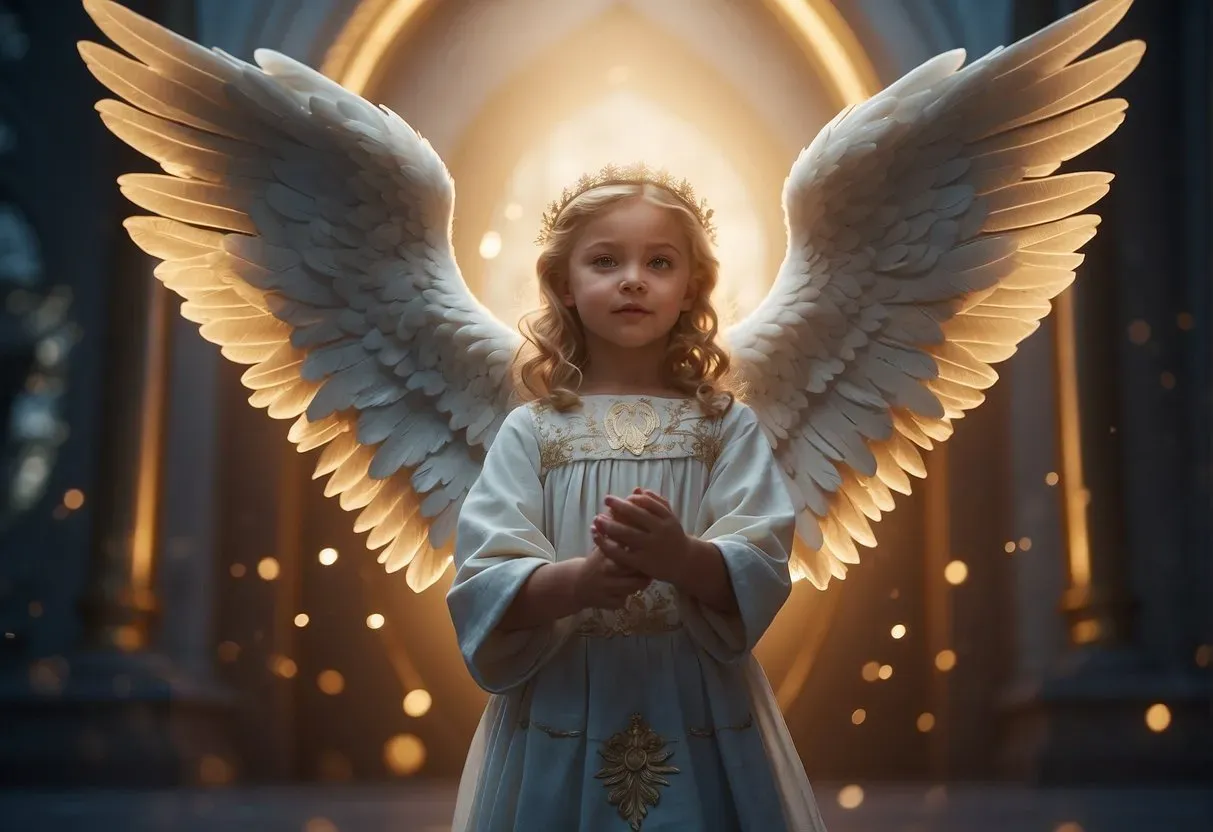 A guardian angel hovers protectively over a child, surrounded by angelic numbers and symbols of divine guidance