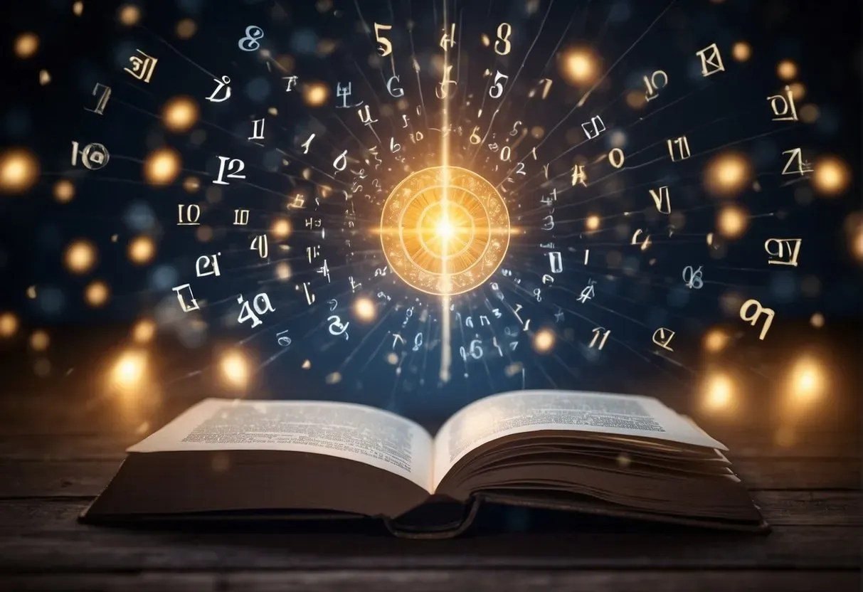 A glowing book with the title "How to Respond to Angel Numbers" surrounded by floating numbers and celestial symbols
