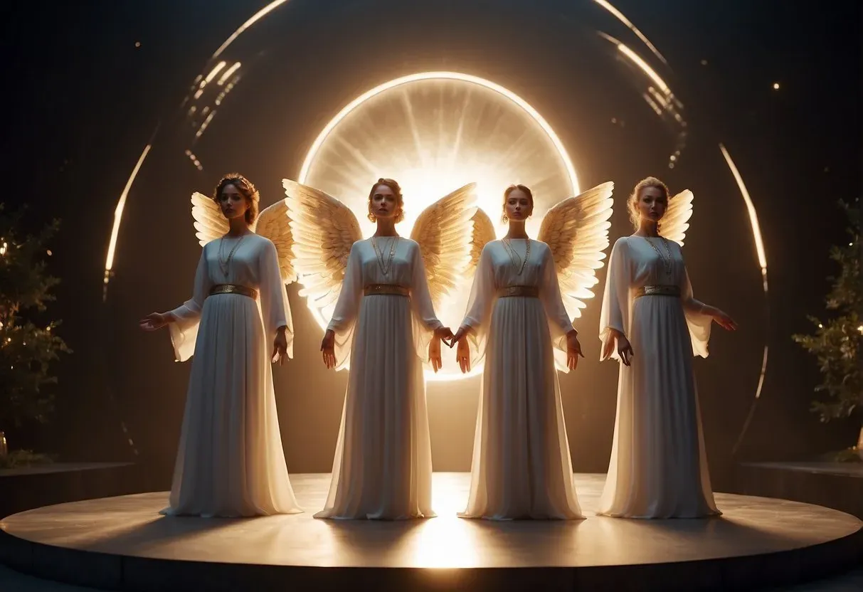 A group of three angels stand in a circle, each holding a glowing number "111" above their heads, surrounded by beams of light