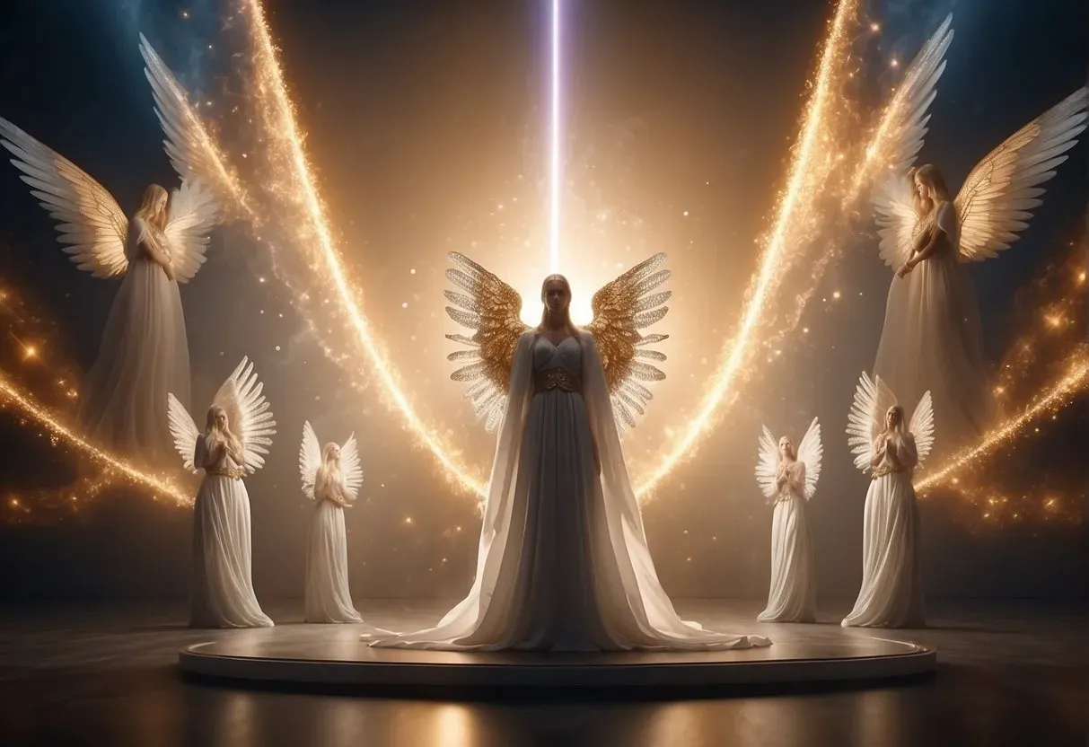 Angels surround a glowing number 111, as if guiding its significance. The scene is filled with a sense of divine intervention and mystical energy