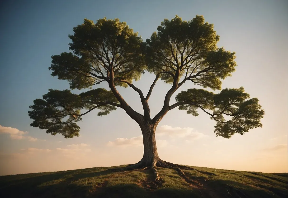 A tree with two branches reaching towards the sky, while two smaller trees grow alongside it, symbolizing personal growth and balance