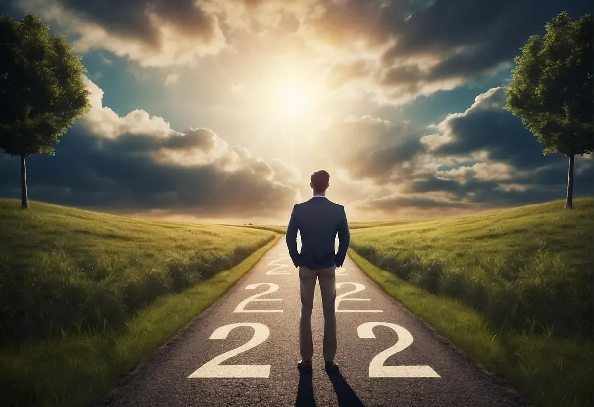 A person standing at a crossroads, facing two paths with the number 222 appearing in the sky as a symbol of guidance and support