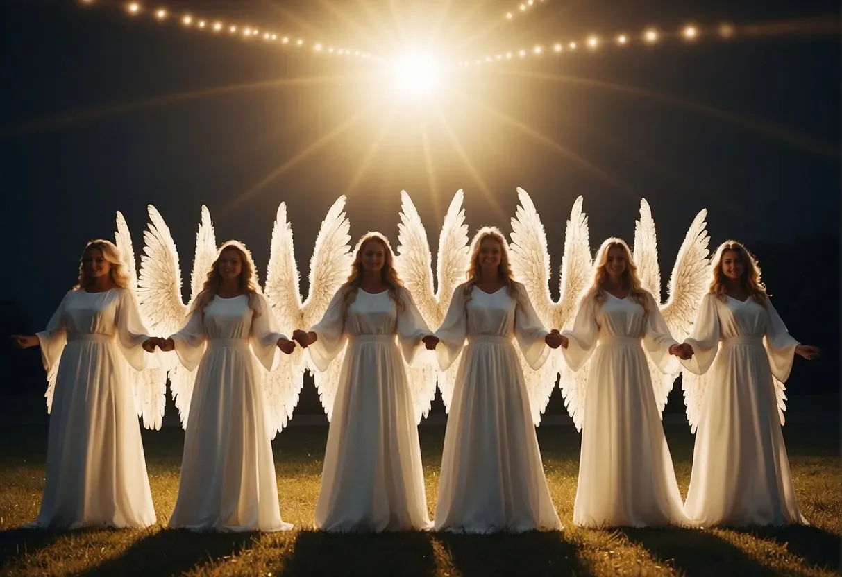 A group of angels surround the number 444, glowing with divine light and radiating a sense of guidance and protection