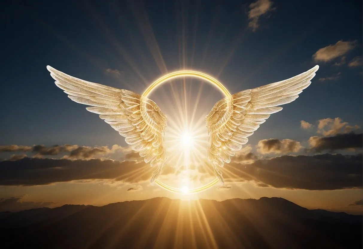 A glowing halo of 444 angels surrounds a sacred symbol, radiating divine energy and light