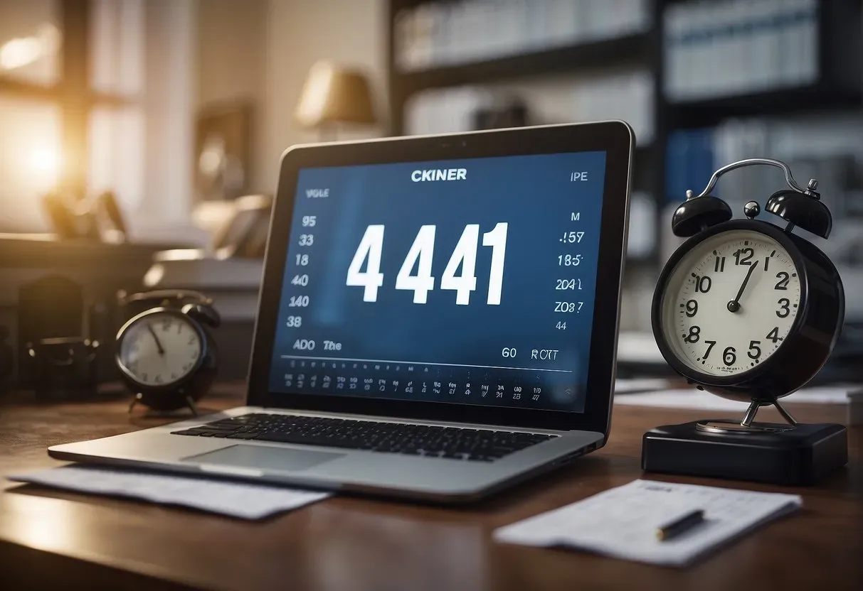 An office desk with a computer showing the number 444, surrounded by angel figurines and a calendar with the date highlighted