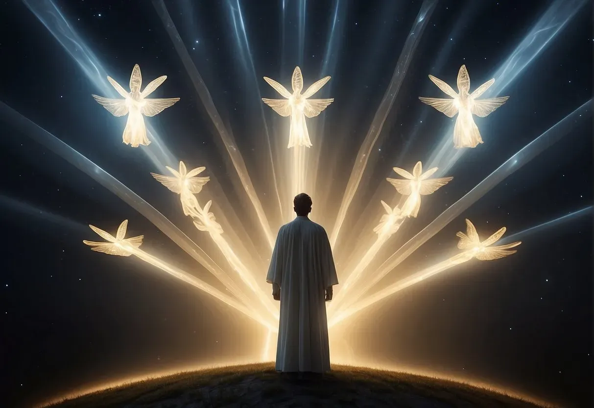 A glowing figure surrounded by four angelic beings, each holding a number 4. Rays of light radiate from the center figure, illuminating the scene