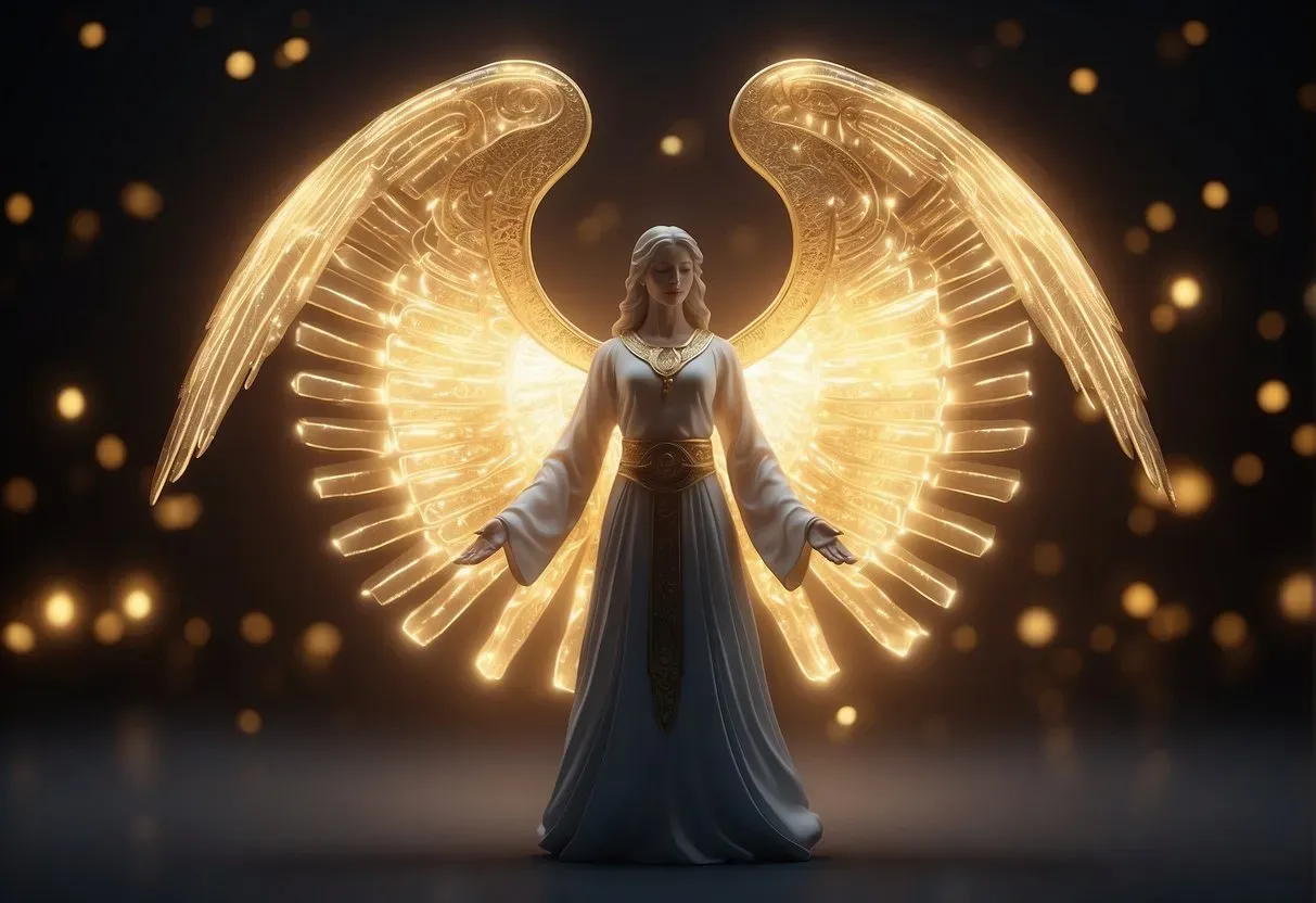 A glowing angelic figure hovers above a series of numbers, radiating warmth and wisdom. The numbers are illuminated, with a sense of divine guidance and purpose
