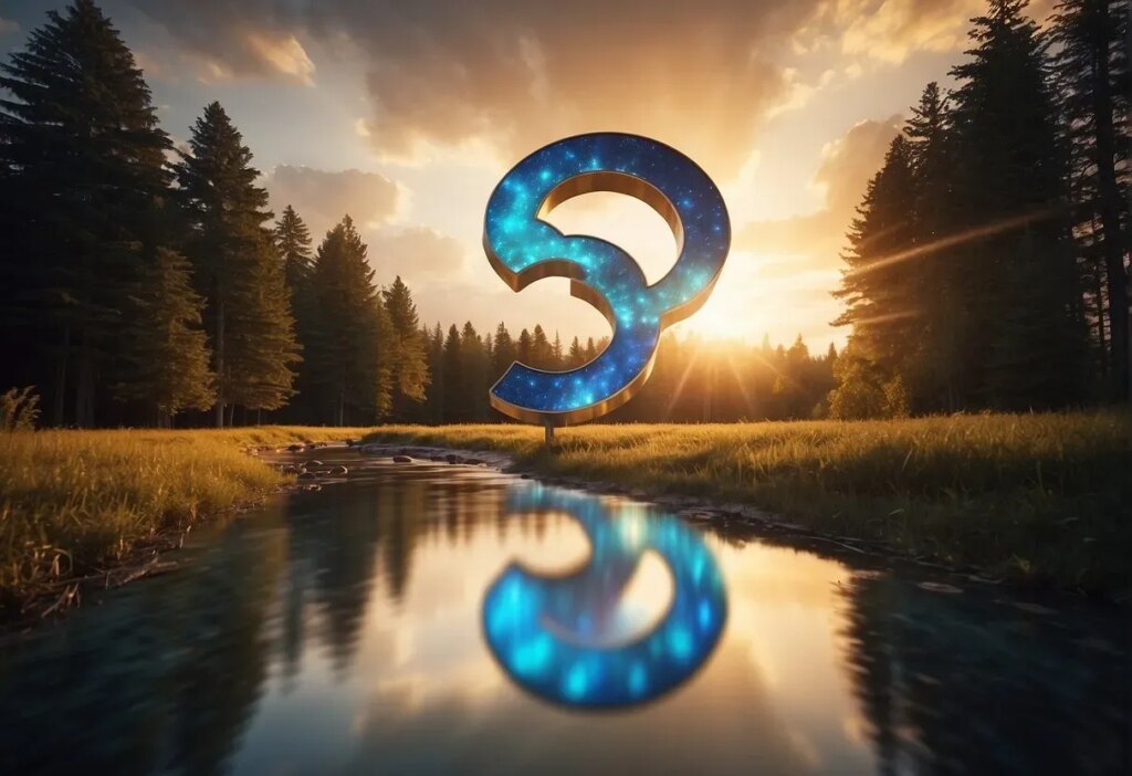 A bright, glowing "333" symbol hovers above a serene landscape, radiating energy and purpose. The surroundings are filled with vibrant colors and a sense of positivity