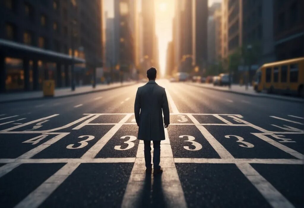 A figure stands at a crossroads, surrounded by the numbers 333. A path to success is illuminated, with a sense of guidance and support