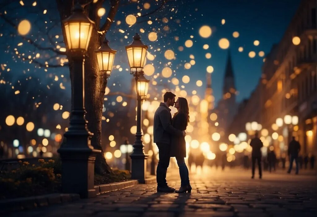 A couple stands under a glowing streetlight, surrounded by swirling numbers 333. Their love is illuminated by the divine energy of angel numbers