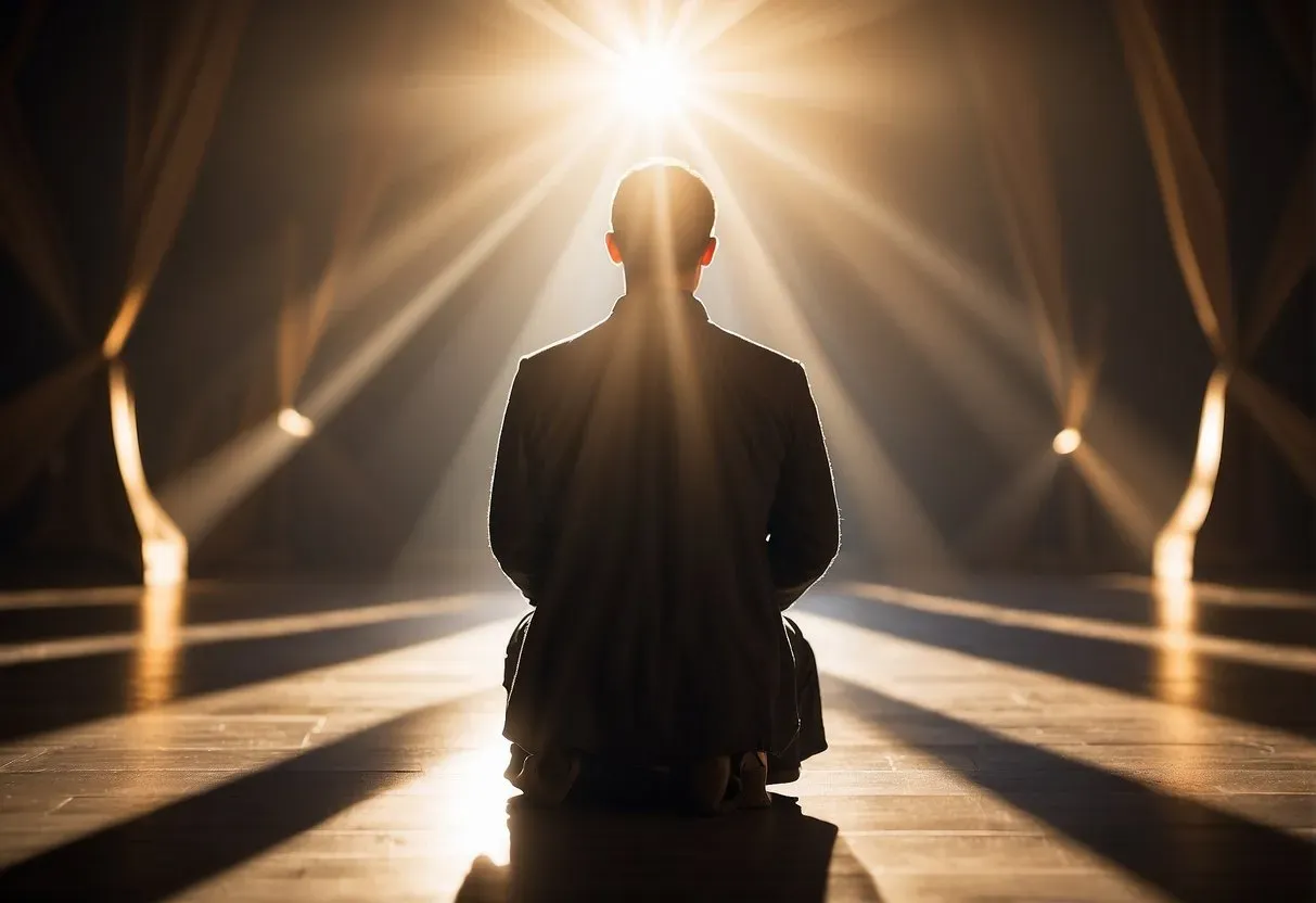 A person kneeling in prayer, surrounded by beams of light and angelic figures, seeking guidance from above