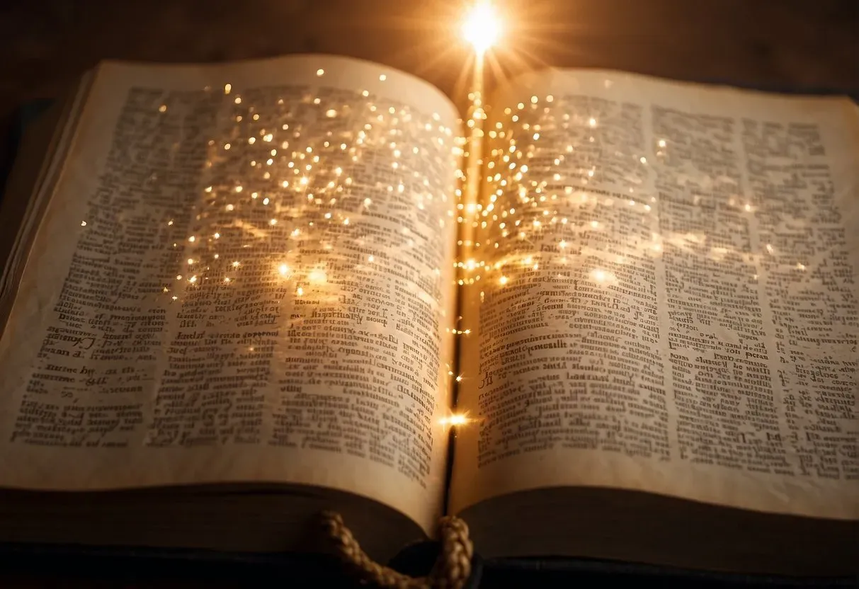 A glowing number sequence hovers above an open Bible, radiating divine energy. Rays of light beam down, illuminating the sacred text
