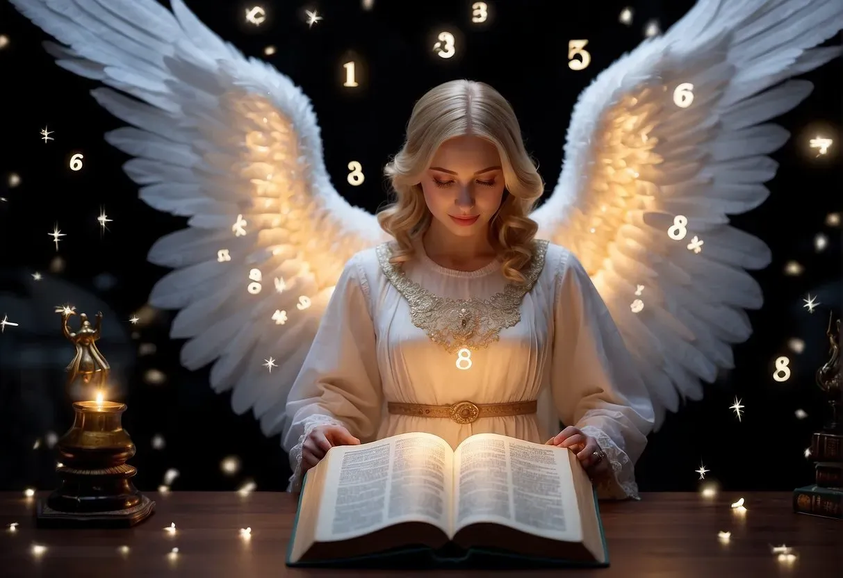 A glowing angelic figure surrounded by numbers, with a Bible open to passages about angelic messages