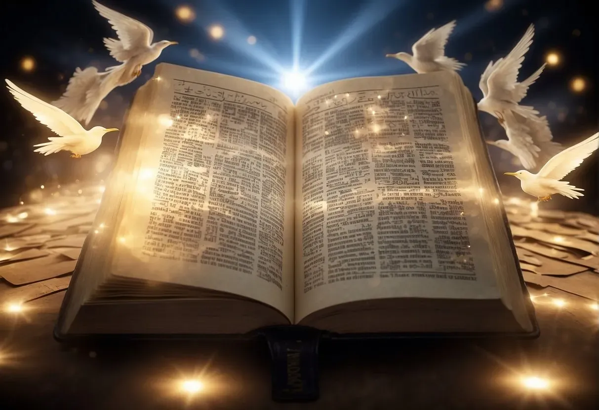 An open Bible with highlighted verses on angel numbers, surrounded by glowing angelic figures