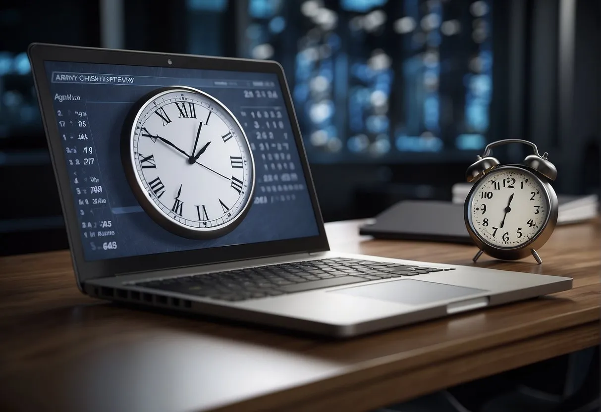 A desk with a laptop, calendar, and clock. The calendar shows the year 2020 and the clock displays the time as 20:20. The laptop screen could show the angel number 2020