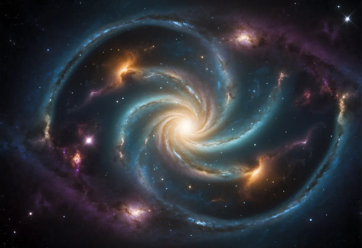 Vibrant galaxies swirl around a central cosmic energy source, emitting pulsing waves of light and color. The universe is alive with dynamic movement and energy, creating a mesmerizing display of celestial power