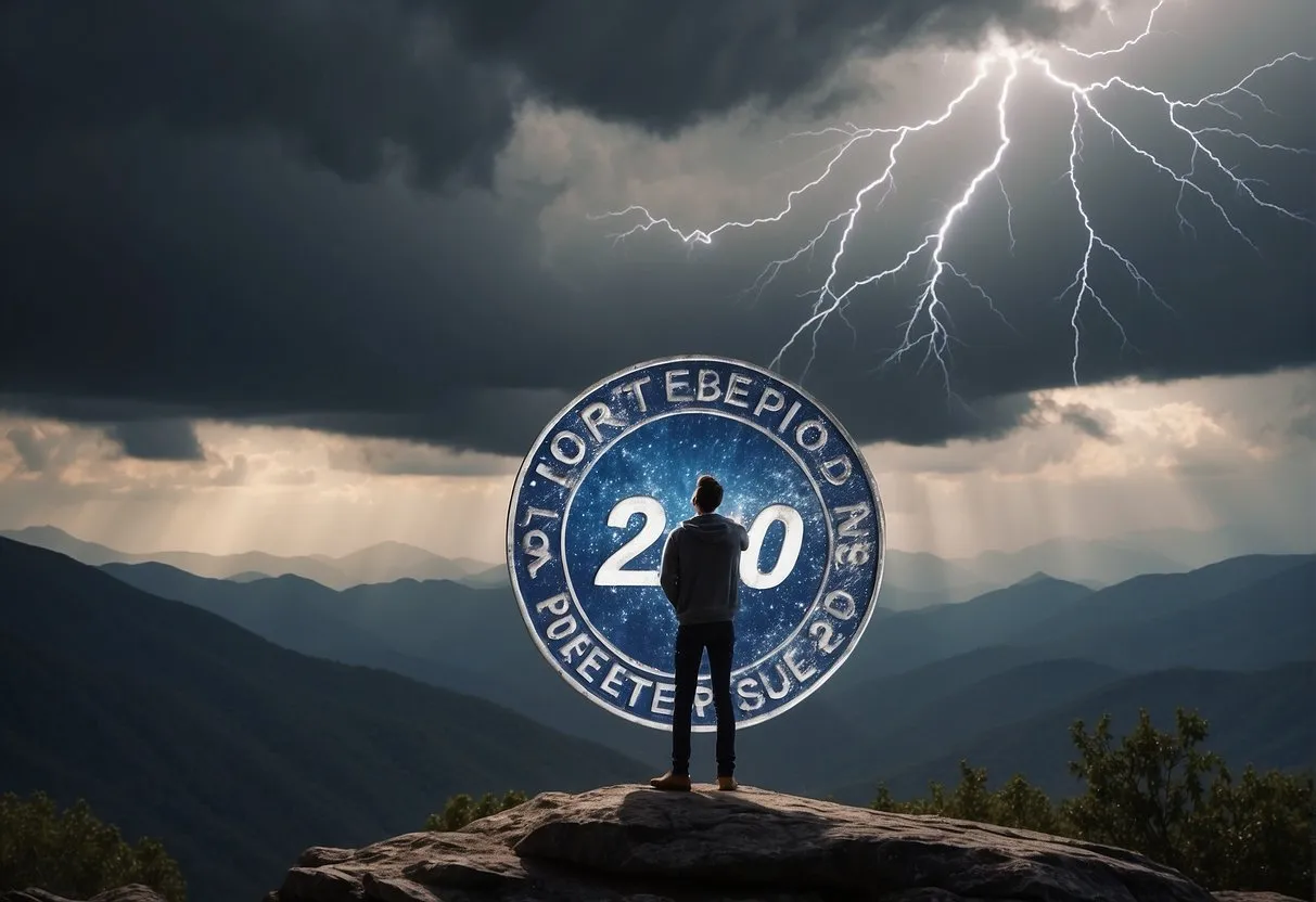 A figure stands atop a mountain, facing a storm. Lightning cracks the sky as the figure holds a shining "2020" emblem, symbolizing strength and resilience