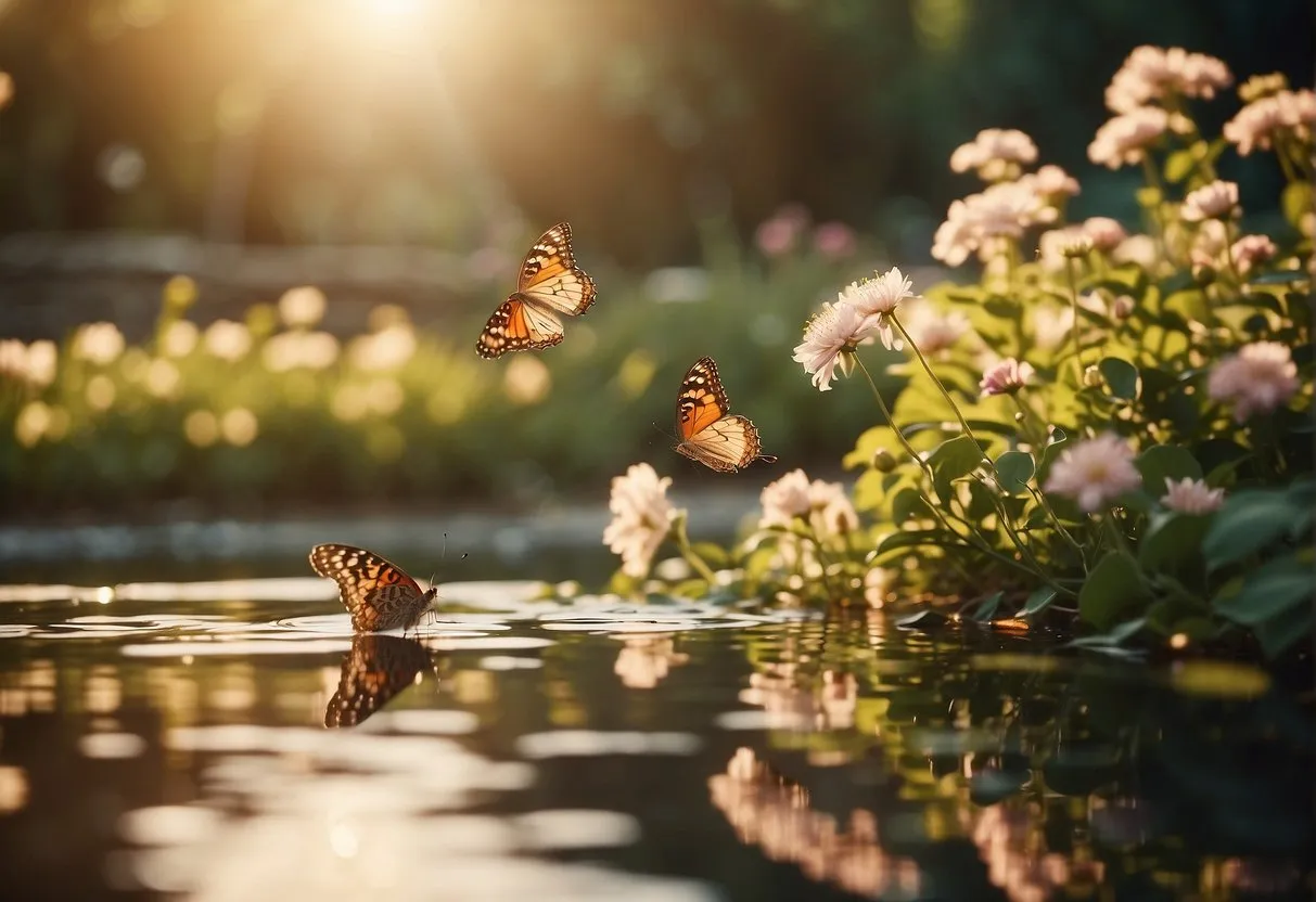 A serene garden with blooming flowers, a tranquil pond, and gentle butterflies fluttering around, all bathed in soft, golden sunlight