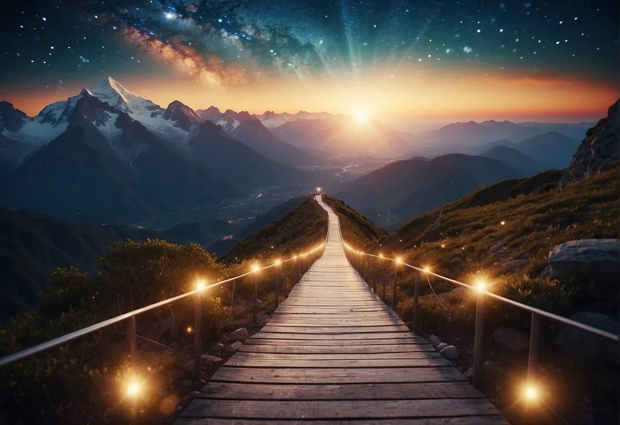 A bright, glowing path leads to a mountain peak with the numbers "2020" floating above, surrounded by celestial symbols and shining stars