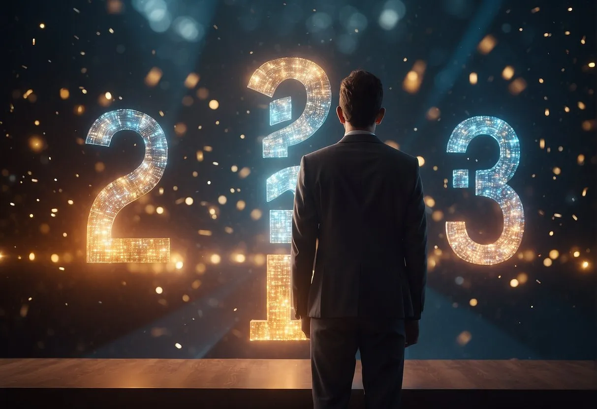 A glowing number sequence "123" hovers above a person, who looks contemplative, surrounded by symbols of guidance and positivity