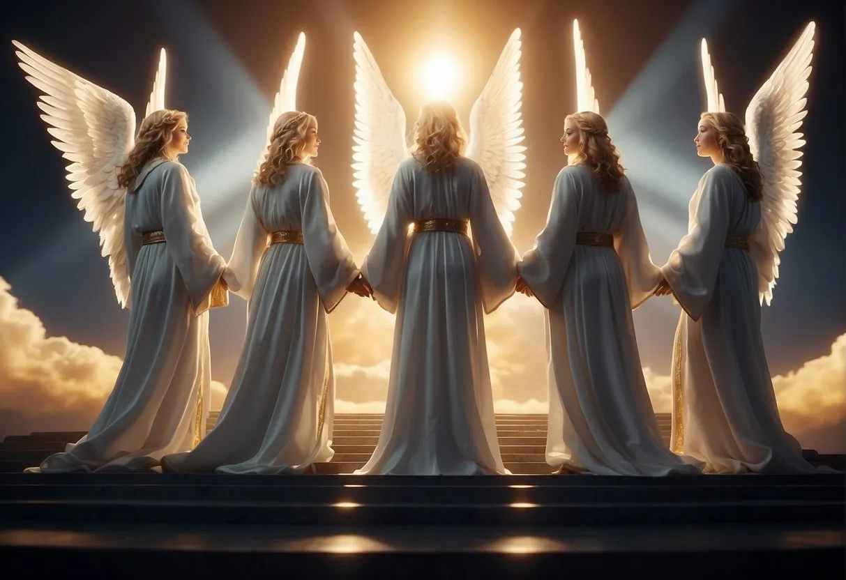 Five angelic figures surround a glowing 5151, radiating divine energy