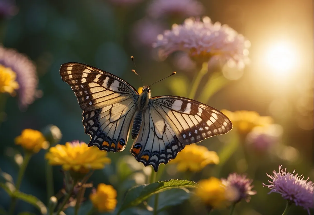A butterfly emerging from a chrysalis, surrounded by blooming flowers and a radiant sunrise, symbolizing transformation and embracing change with 5151 angel numbers