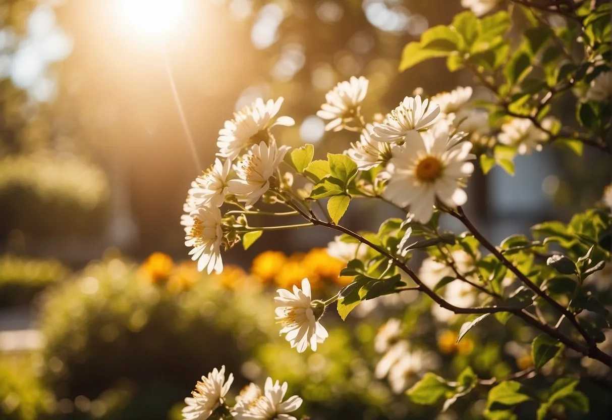 A garden with vibrant, blooming flowers and a tree with strong, upward-reaching branches. The sun is shining, casting a warm, golden light over the scene