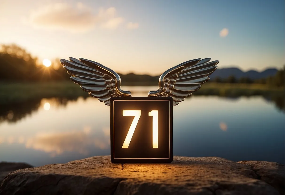 A bright, glowing 711 angel number hovers above a serene landscape, radiating warmth and positive energy